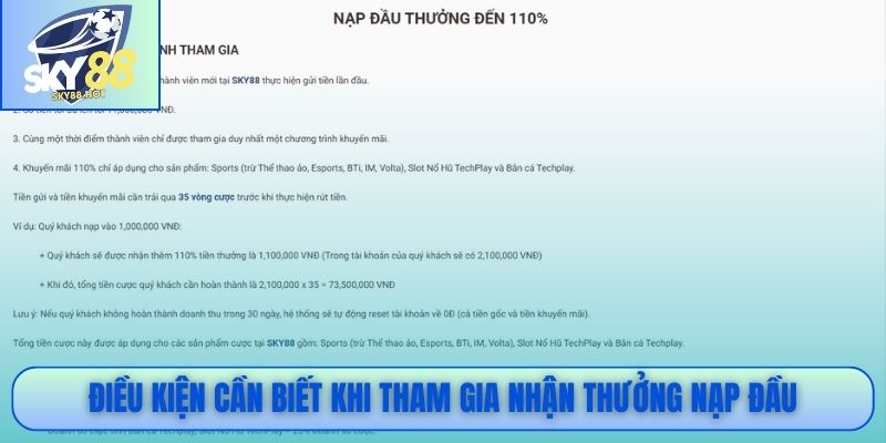 Thưởng Nạp Đầu SKY88 - Ưu Đãi Cực Sốc Cho Thành Viên Mới 3 Điều kiện cần biết khi tham gia nhận thưởng nạp đầu